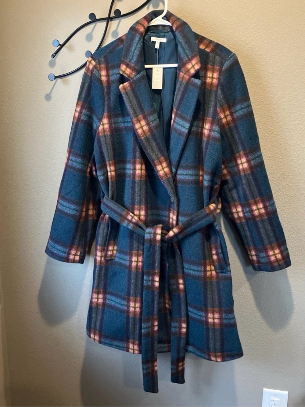 Plaid Belted Long Coat - dark teal